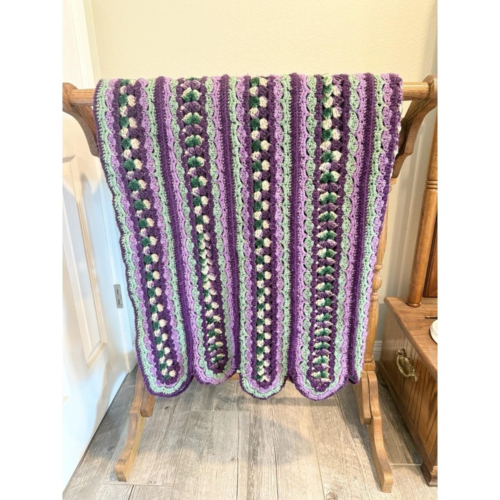 Crocheted Afghan Purple Green Cream Mile A Minute Pattern Handmade Grannycore